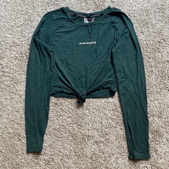 Alphabet Dark Green Tie Front Cropped Long Sleeve - Picture 1 of 4